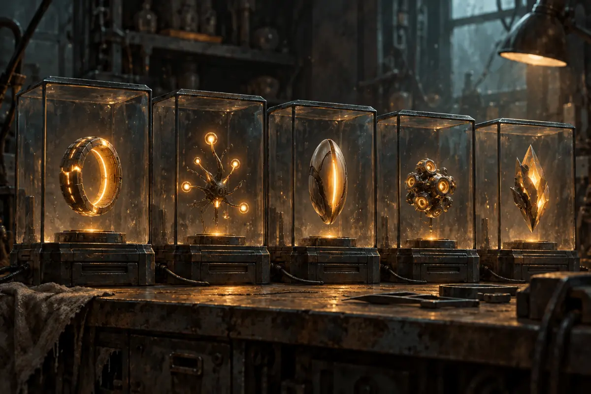 Illustration for a Probably Stolen guide: A close-up of a row of sealed glass cases on a workshop bench, each holding a small glowing cybernetic implant of a different shape, warm amber light, dust in the air, flat editorial illustration.