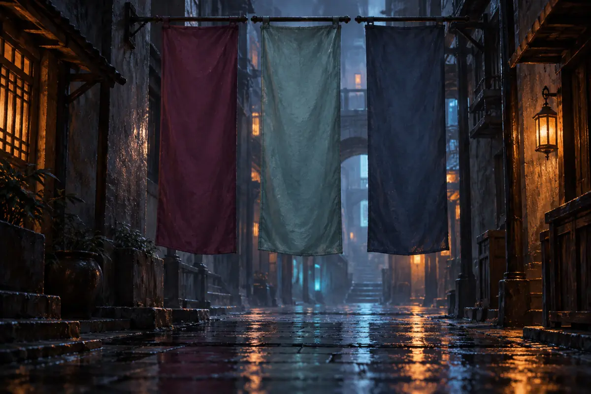 Illustration for a Probably Stolen guide: Three tall shop banners hanging side by side in a dim alley, plain fabric with no symbols or writing, neon reflections on wet ground, no people, flat editorial illustration.