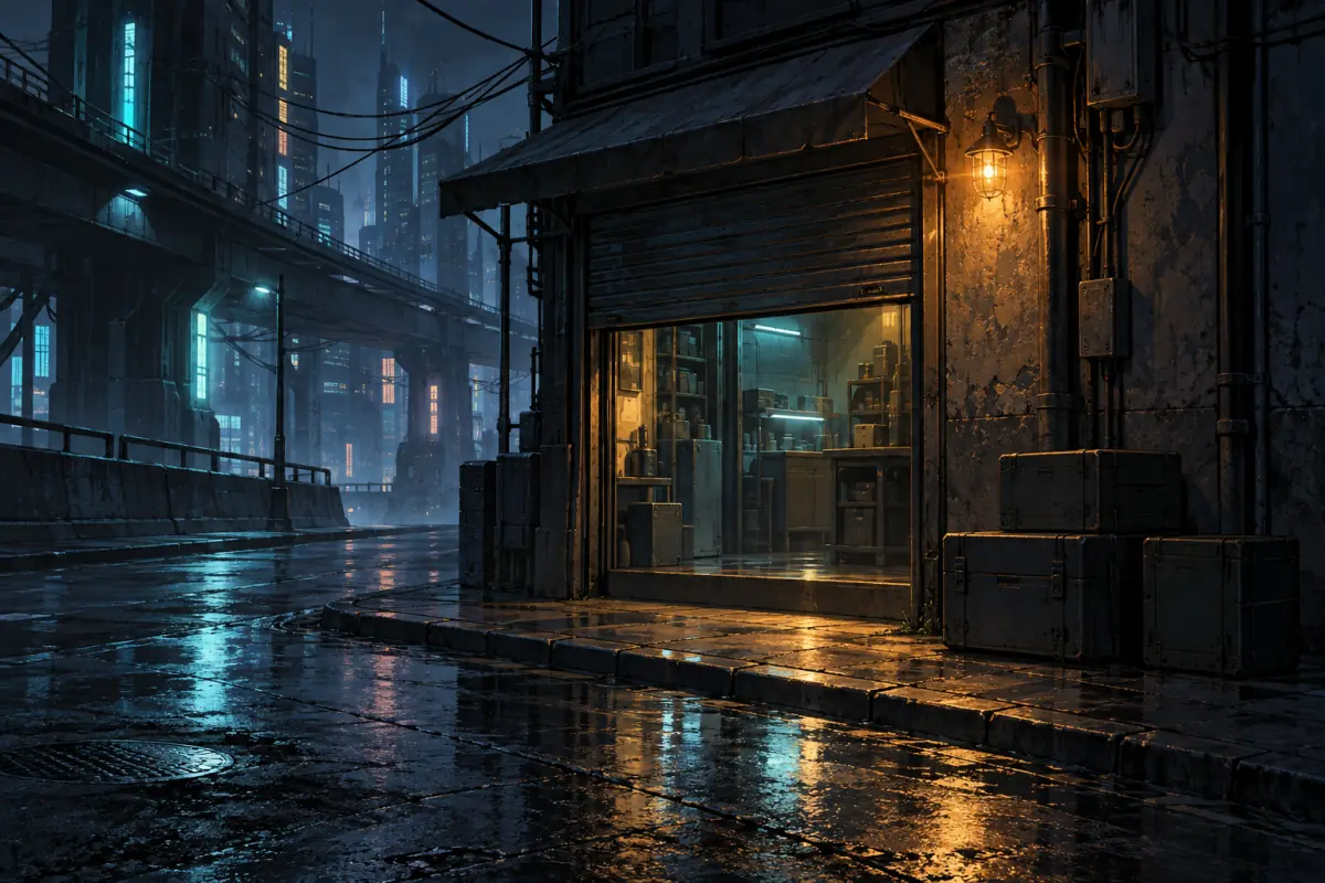 Illustration for a Probably Stolen guide: A quiet night-time street corner in a cyberpunk city with a small neon-lit shop window, shutter half up, a few sealed crates and one flickering light, flat editorial illustration.