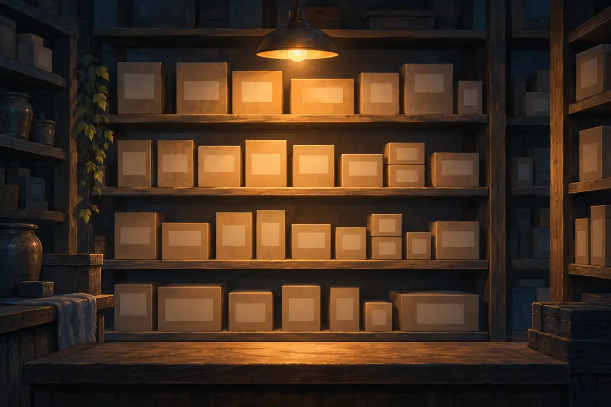 Illustration for a Probably Stolen guide: A wall of small wooden shelves in a dim shop, each holding a neat row of sealed cardboard boxes with plain blank labels, a single hanging lamp, no text, flat editorial illustration.