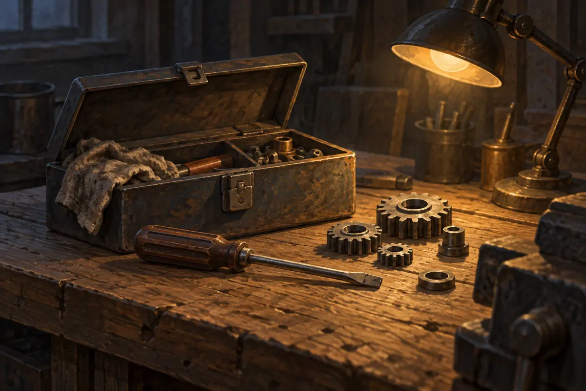 Illustration for a Probably Stolen guide: A small open workshop toolbox with a screwdriver and a few loose gears on a wooden bench, warm lamp light, flat editorial illustration.