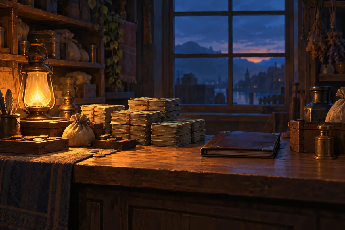 Illustration for a Probably Stolen guide: A cluttered shopkeeper's counter at dusk with stacks of cash bundles and a small ledger, a neon sign-free window behind it, warm light, flat editorial illustration.
