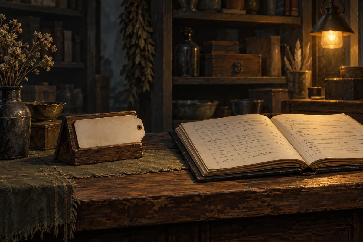 Illustration for a Probably Stolen guide: A small price tag on a wooden display stand with a blank tag, a hand-written style ledger open beside it, dim shop light, no text, flat editorial illustration.