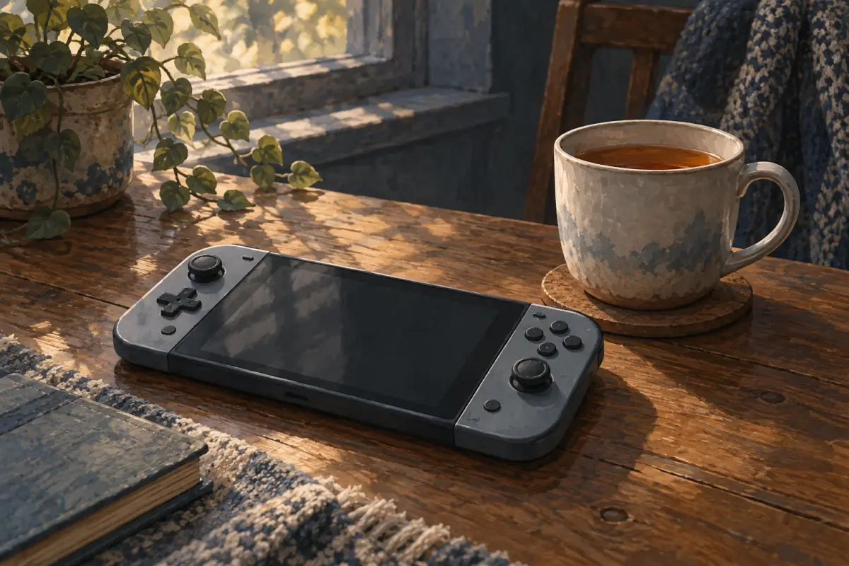 Illustration for a Probably Stolen guide: A handheld console lying on a wooden table beside a mug of tea, soft light from a window, flat editorial illustration.