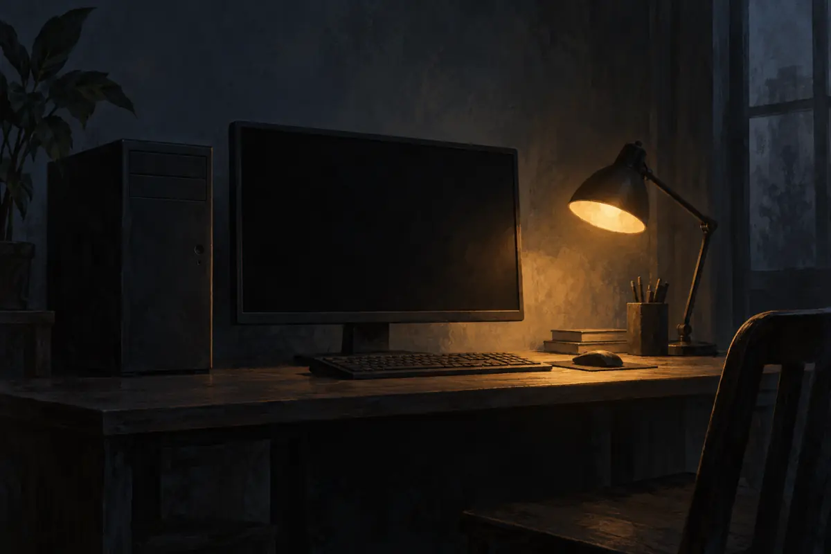 Illustration for a Probably Stolen guide: A plain desktop computer tower and monitor on a desk in a dim room, a single desk lamp, flat editorial illustration.