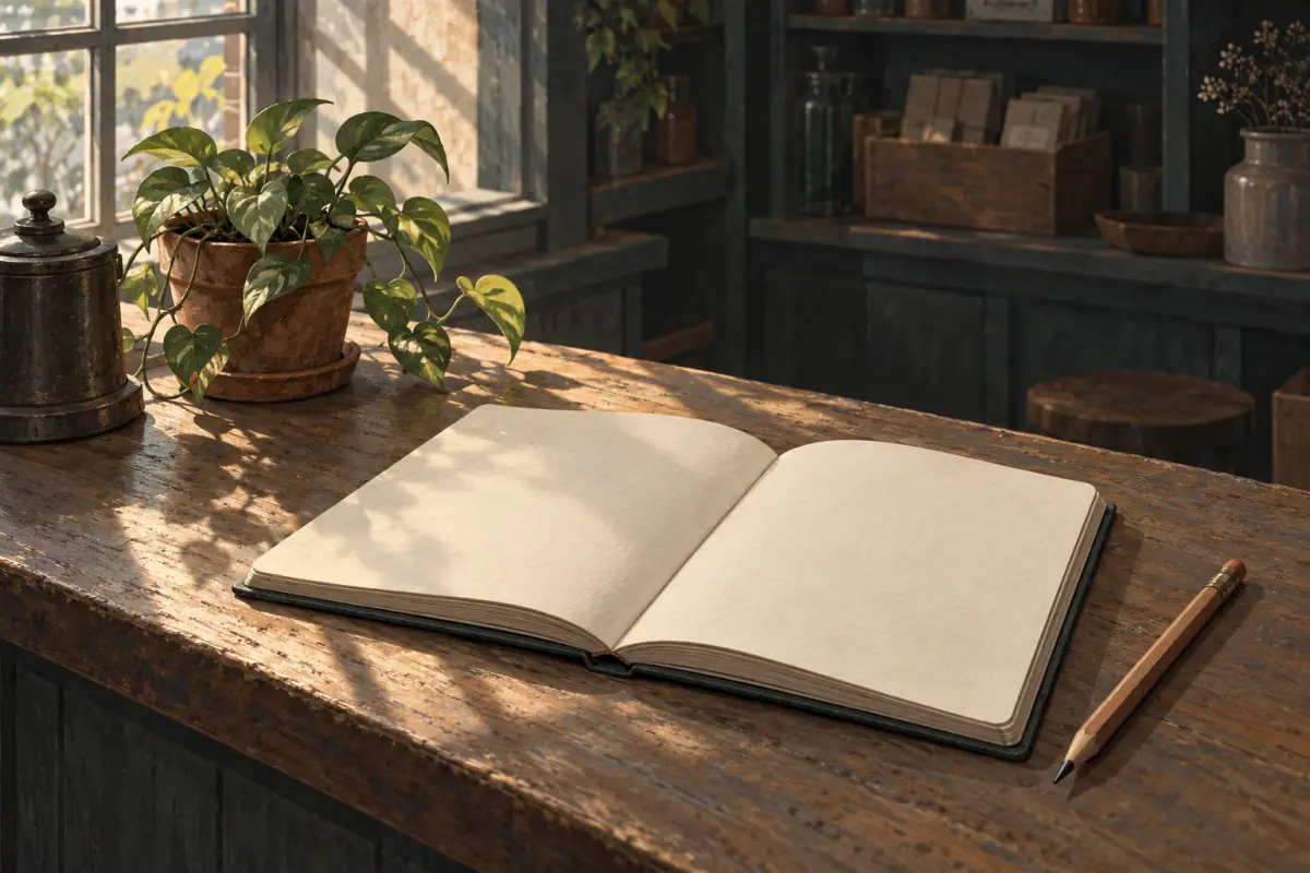 Illustration for a Probably Stolen guide: An open notebook on a shop counter with a pencil beside it and a small potted plant, soft window light, flat editorial illustration.